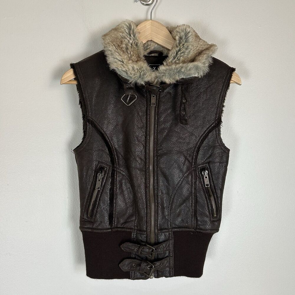 Y2K Shearling Lined Vest Womens S Brown Fur Trim Cozy Faux Leather Harness